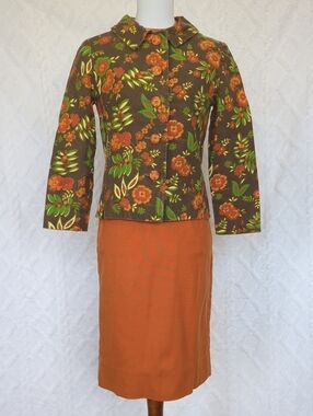 Vintage Orange Dress With Brown & Orange Floral Jacket